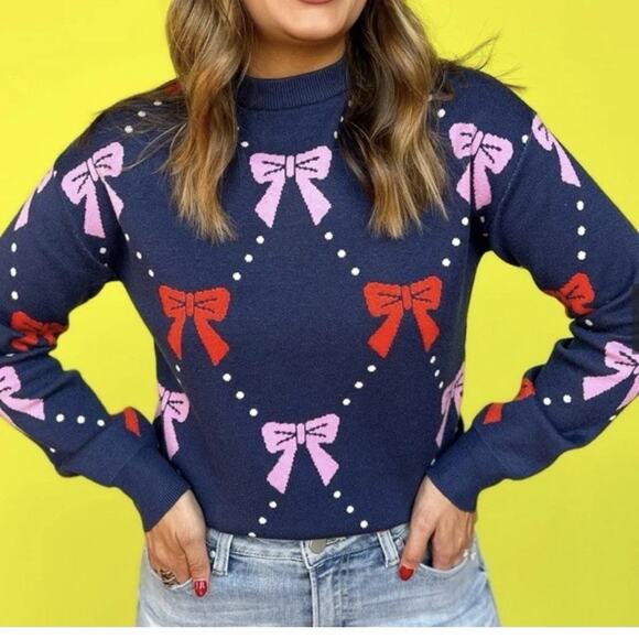 THML Women’s M ‘Ginny’ Knit Bow Pullover Sweater Navy Crew Neck Long Sleeve EUC - Picture 1 of 10